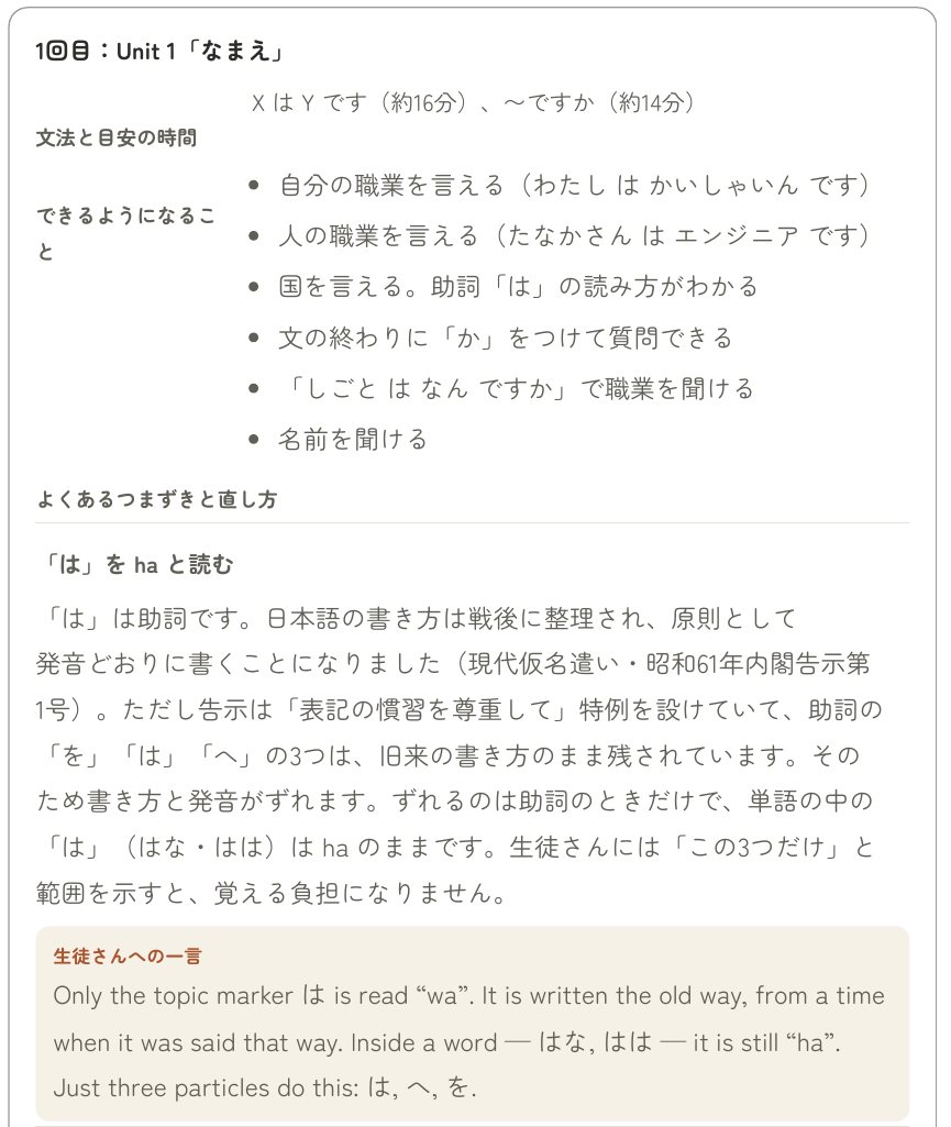 授業メモの1回目。文法と目安の時間、できるようになること、つまずきと直し方、生徒さんへの英語の一言が並んでいる